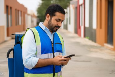 Asesor en campo con su celular en mano, revisando su ruta.